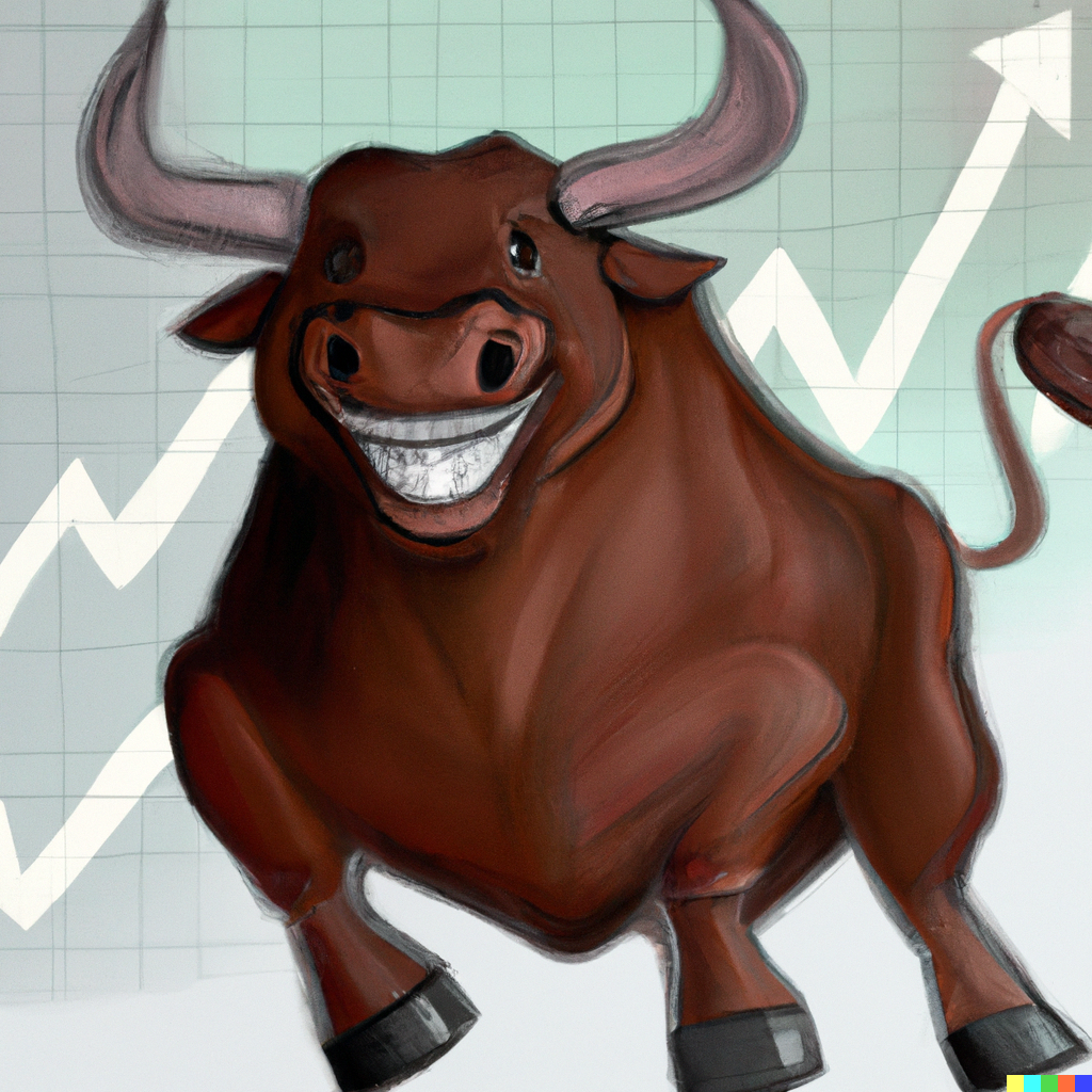 a realistic painting  of a brown happy cyber-bull with a fast-growing Nasdaq chart on the background