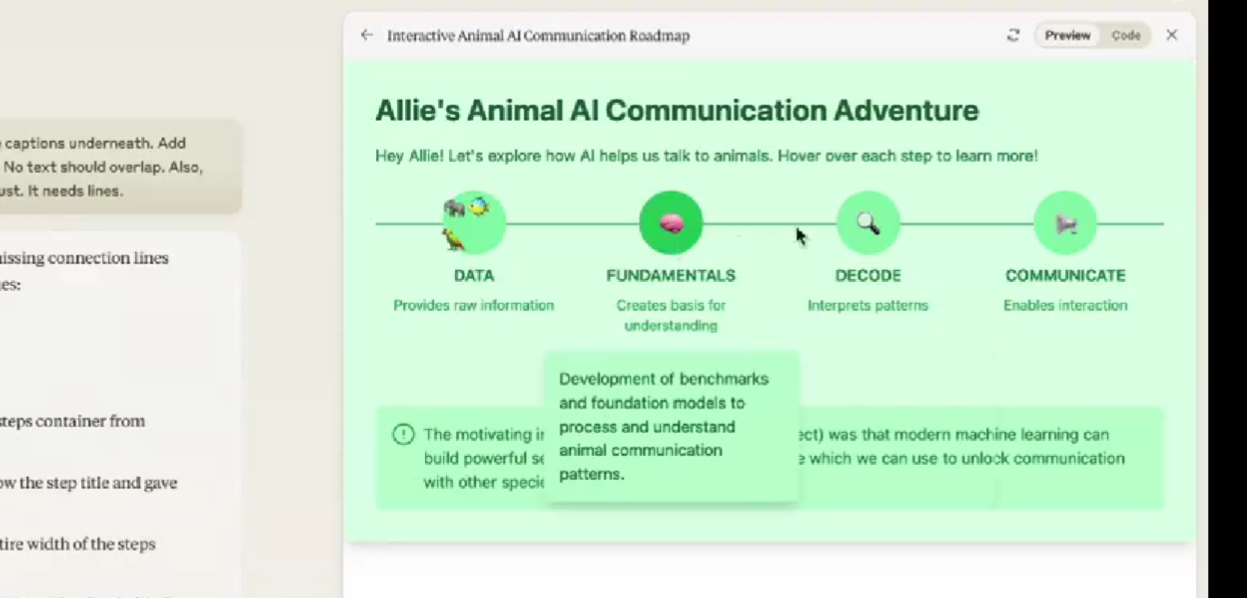 Finestra Artifacts di Claude 3.5 Sonnet con una mappa interattiva sul ruolo dell'AI nella comprensione del linguaggio animale
